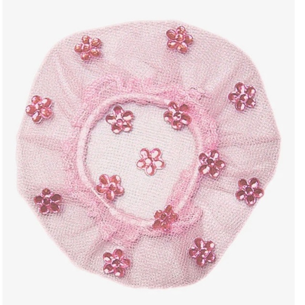 Dasha Designs - pink net bun cover w/ pink rhinestone flowers - ballerina bun